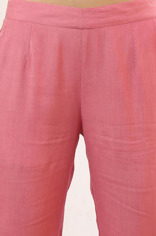 Pink Solid Straight Rayon Trousers