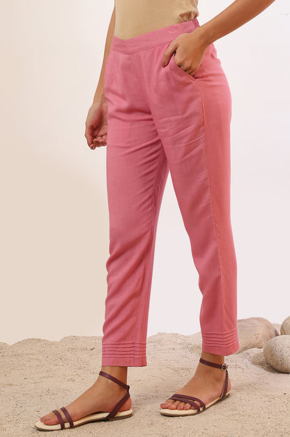 Pink Solid Straight Rayon Trousers