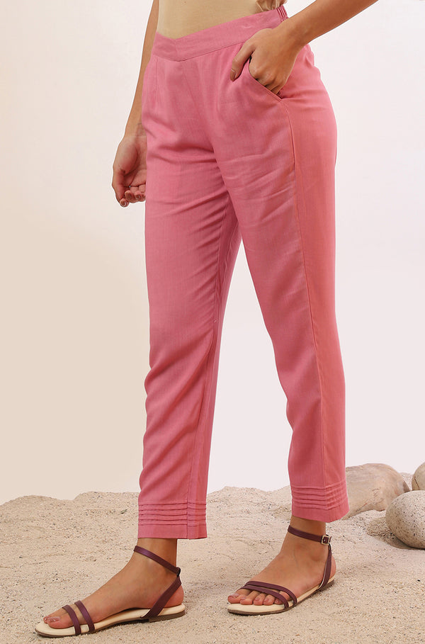 Pink Solid Straight Rayon Trousers