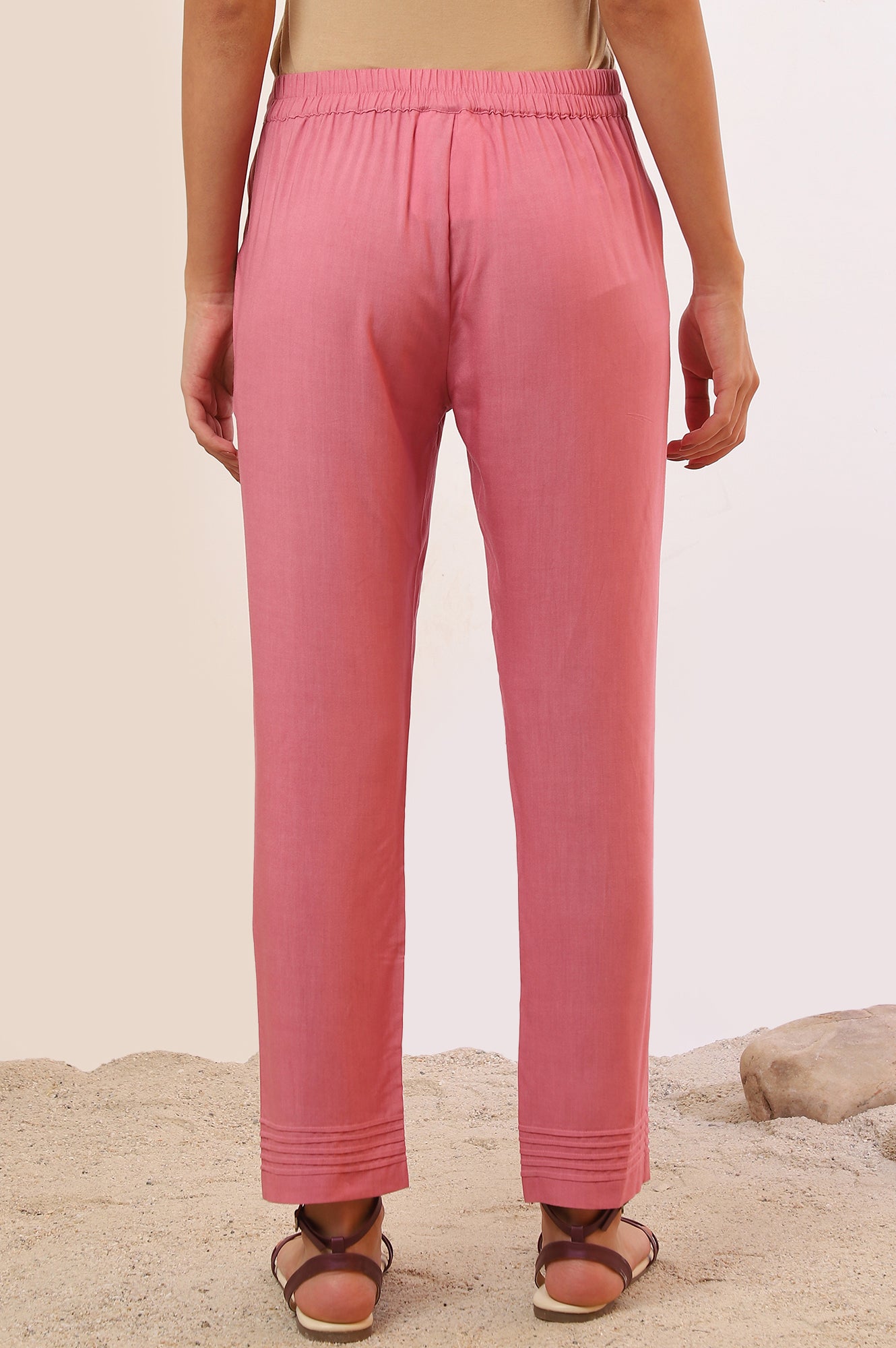 Pink Solid Straight Rayon Trousers