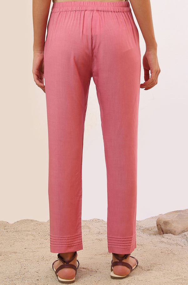 Pink Solid Straight Rayon Trousers