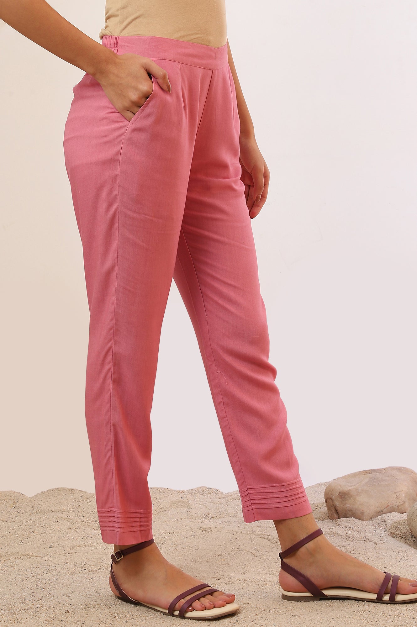 Pink Solid Straight Rayon Trousers