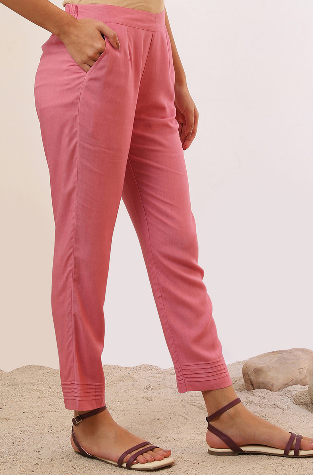 Pink Solid Straight Rayon Trousers
