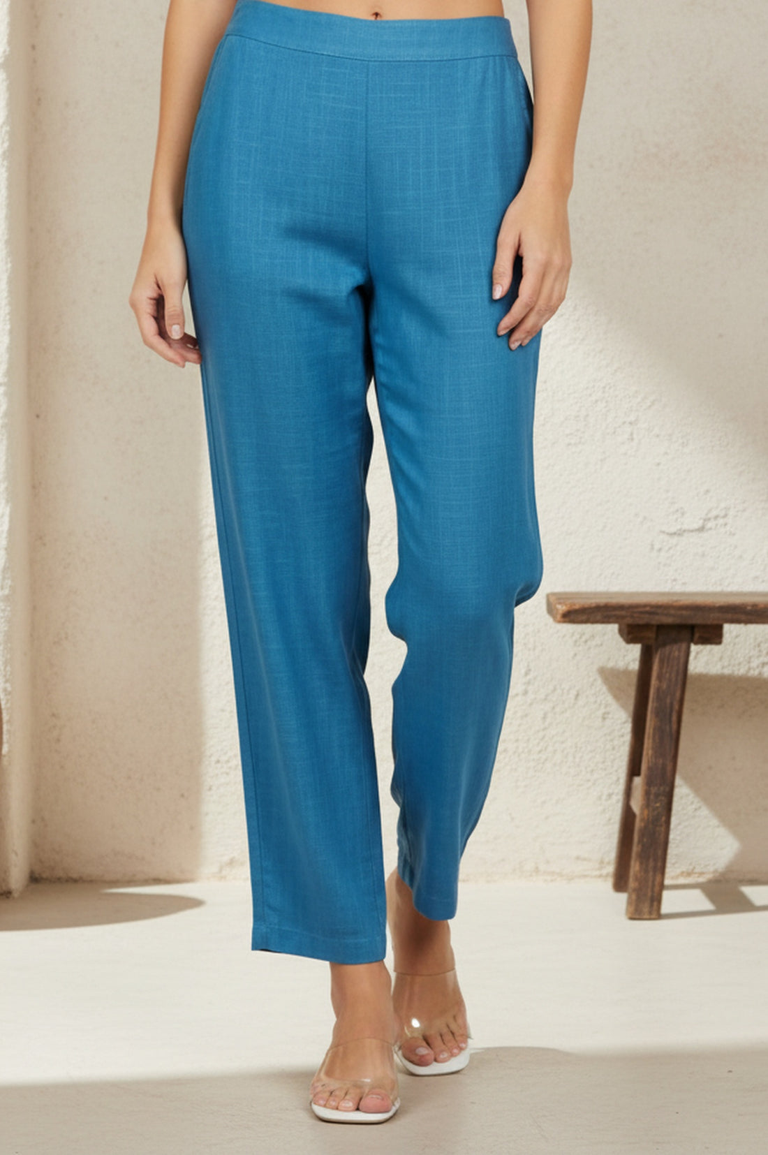 Blue Solid Ankle Length Rayon Slub Palazzo