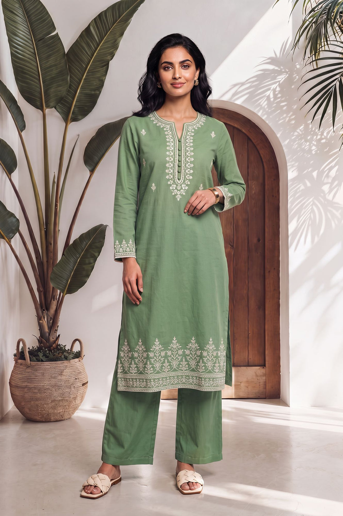 Green Solid Rayon Straight Fit Ankle Length Palazzo