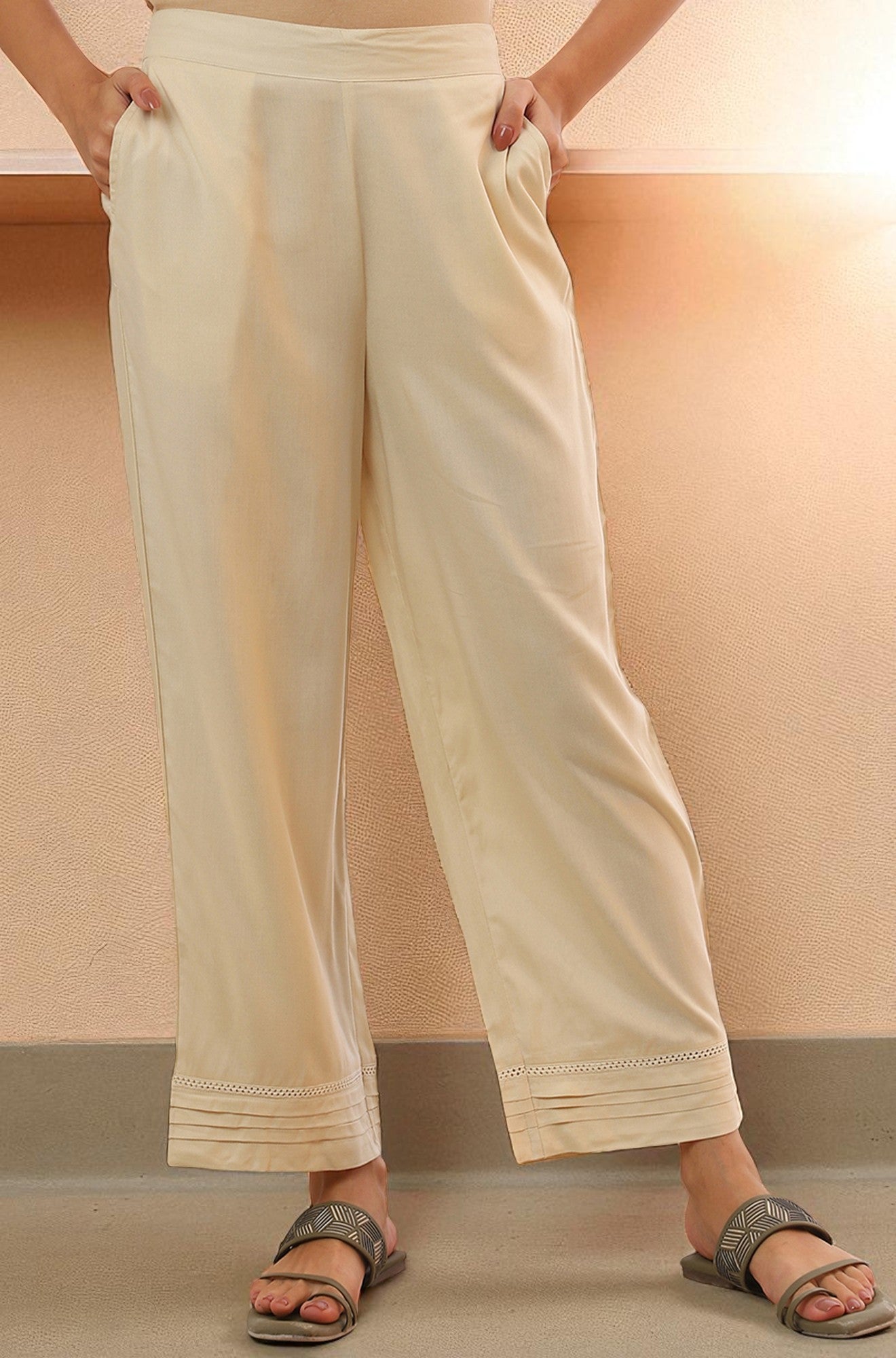Cream Solid Straight Rayon Palazzos