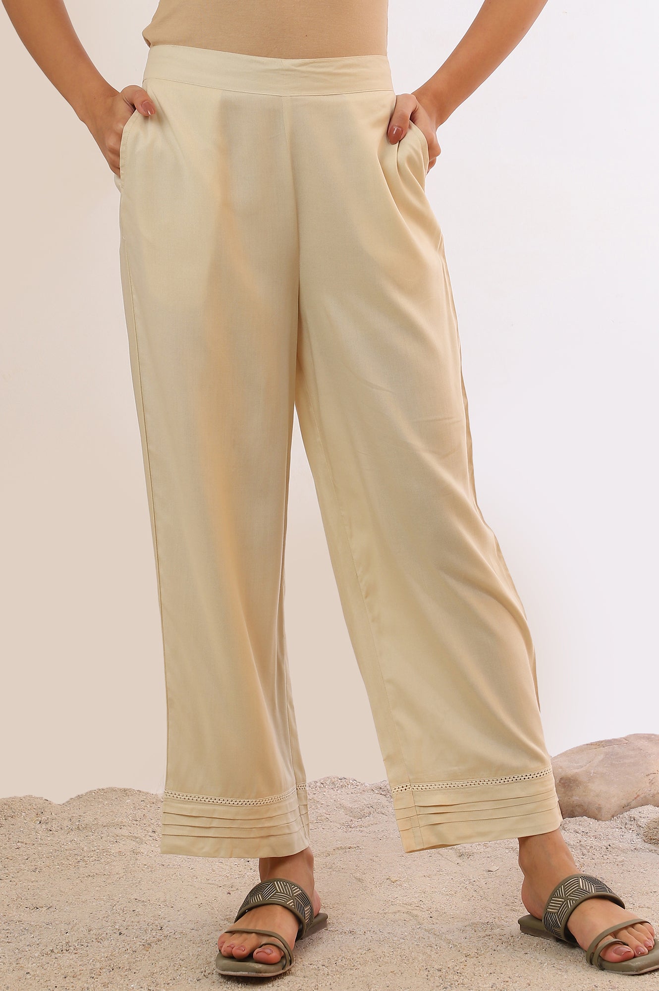 Cream Solid Straight Rayon Palazzos