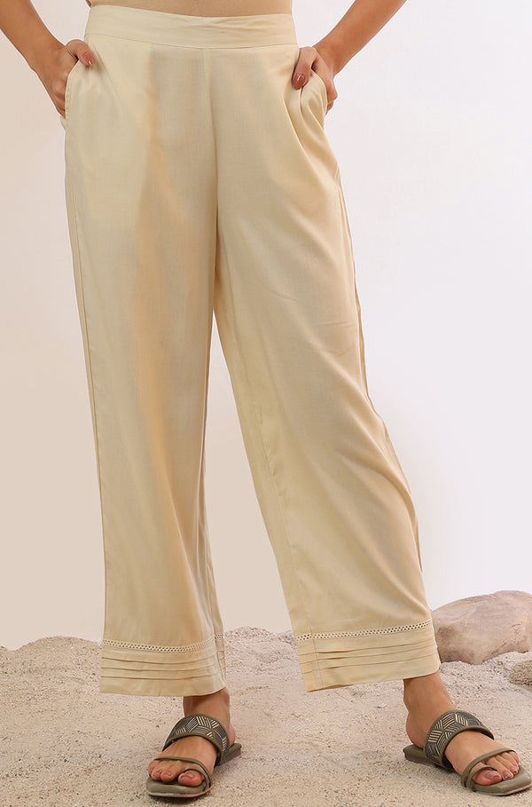 Cream Solid Straight Rayon Palazzos