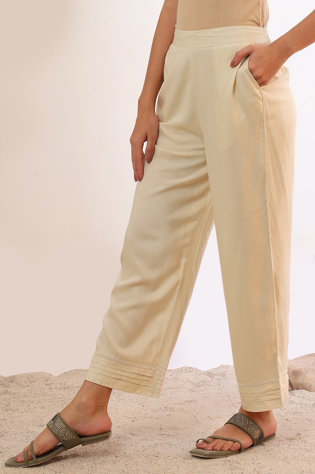 Cream Solid Straight Rayon Palazzos