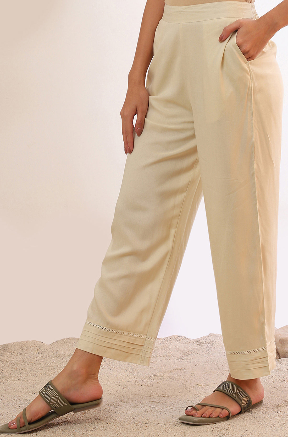 Cream Solid Straight Rayon Palazzos