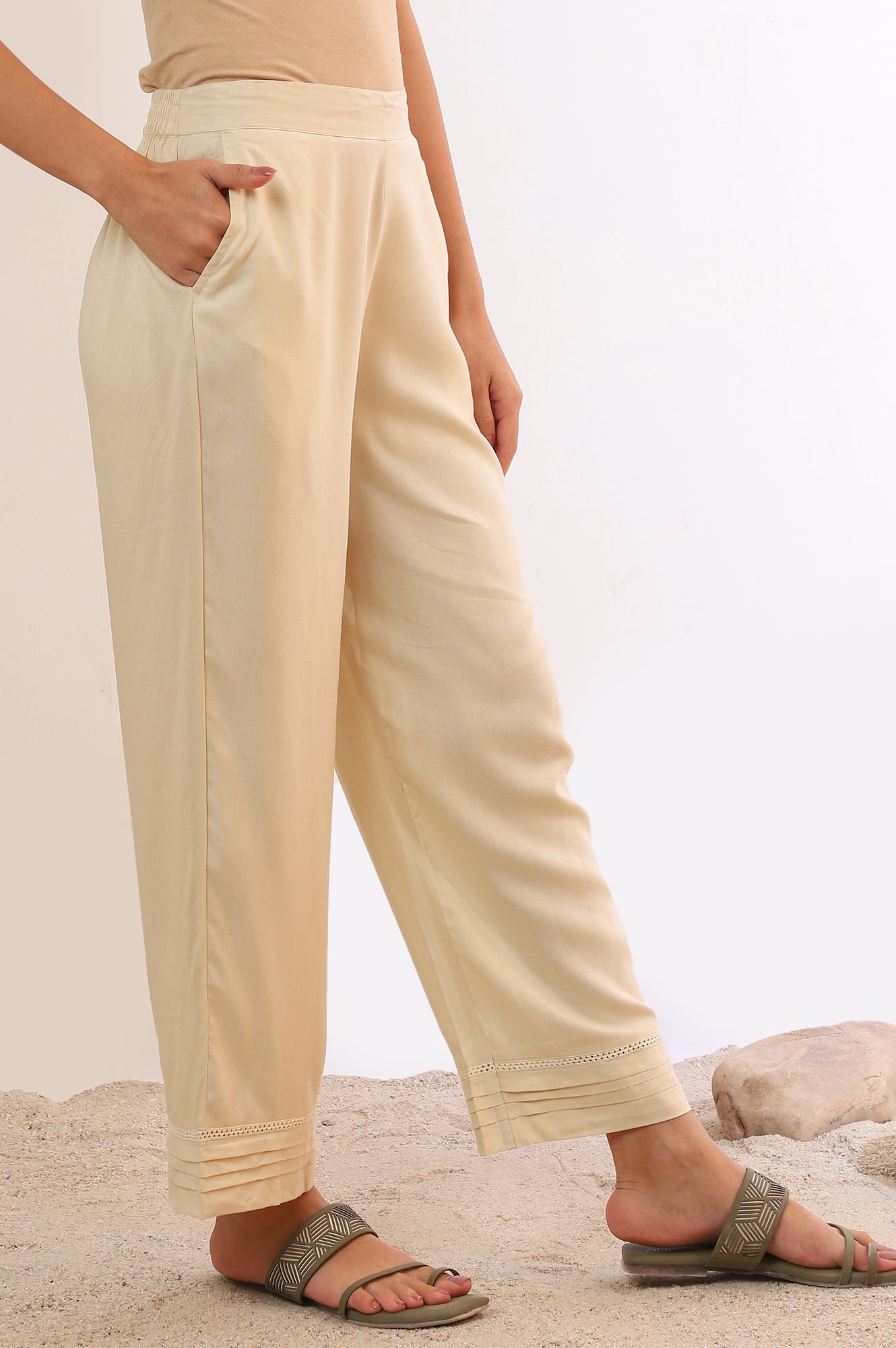 Cream Solid Straight Rayon Palazzos