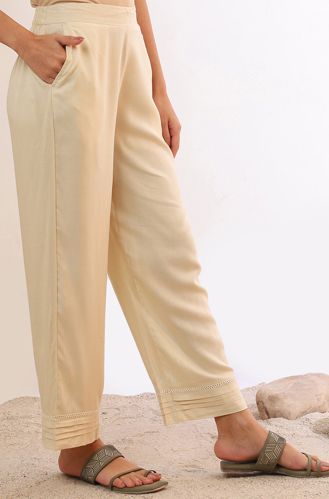 Cream Solid Straight Rayon Palazzos