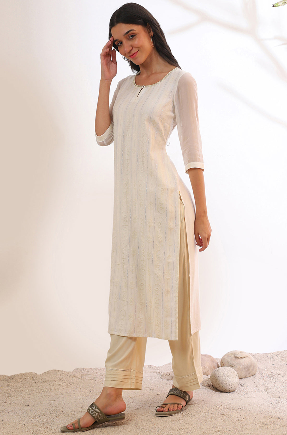 Cream Solid Straight Rayon Palazzos