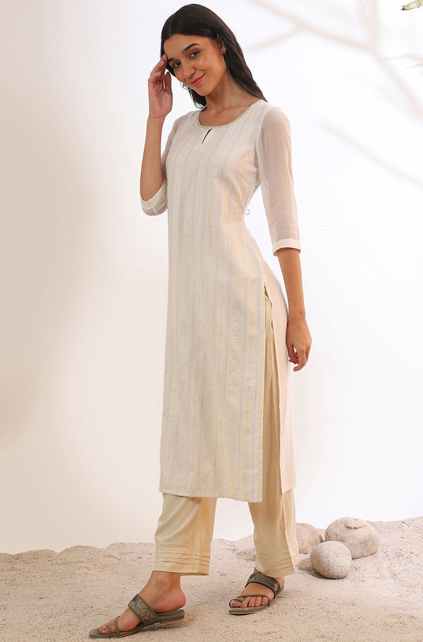 Cream Solid Straight Rayon Palazzos