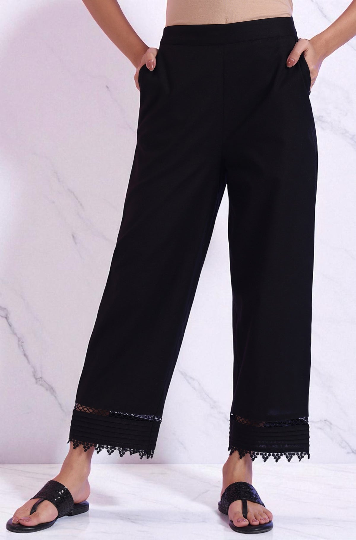 Black Solid Cotton Flaxe Ankle Length Palazzos with Lace - S