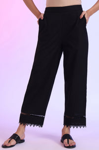Black Solid Cotton Flaxe Ankle Length Palazzos with Lace