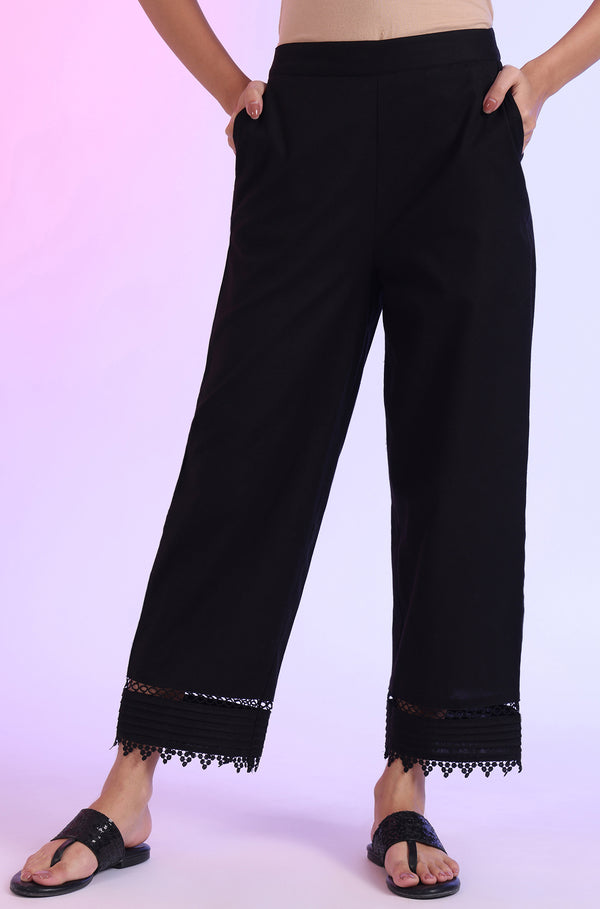 Black Solid Cotton Flaxe Ankle Length Palazzos with Lace