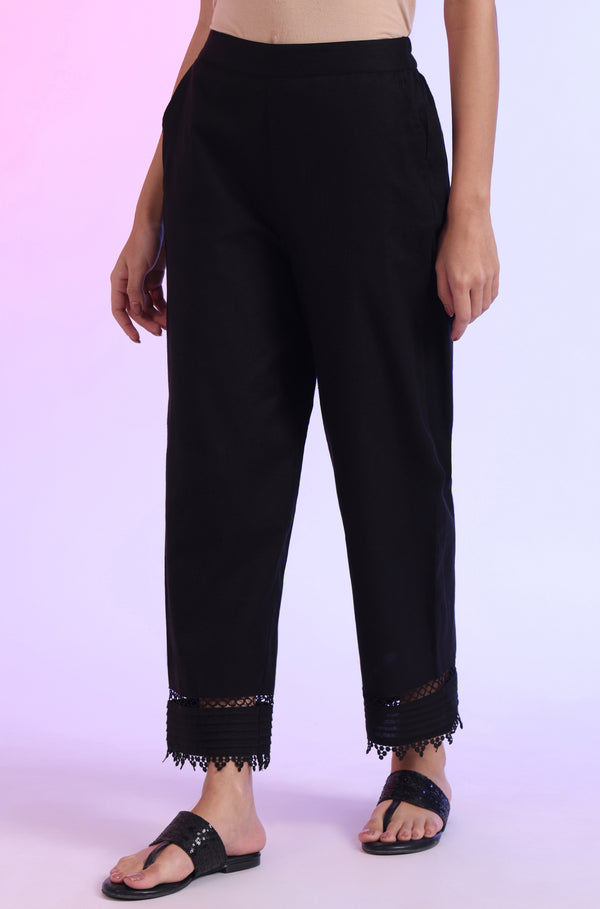 Black Solid Cotton Flaxe Ankle Length Palazzos with Lace
