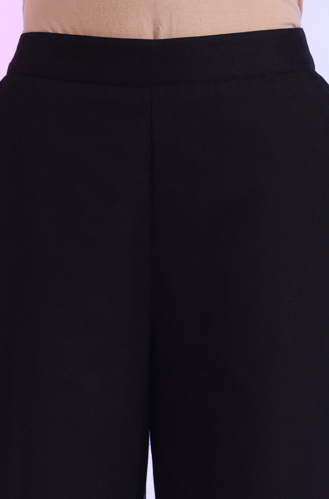 Black Solid Cotton Flaxe Ankle Length Palazzos with Lace