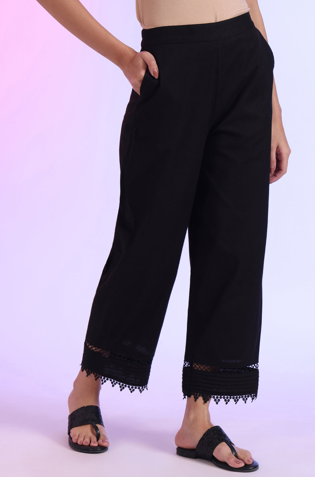 Black Solid Cotton Flaxe Ankle Length Palazzos with Lace