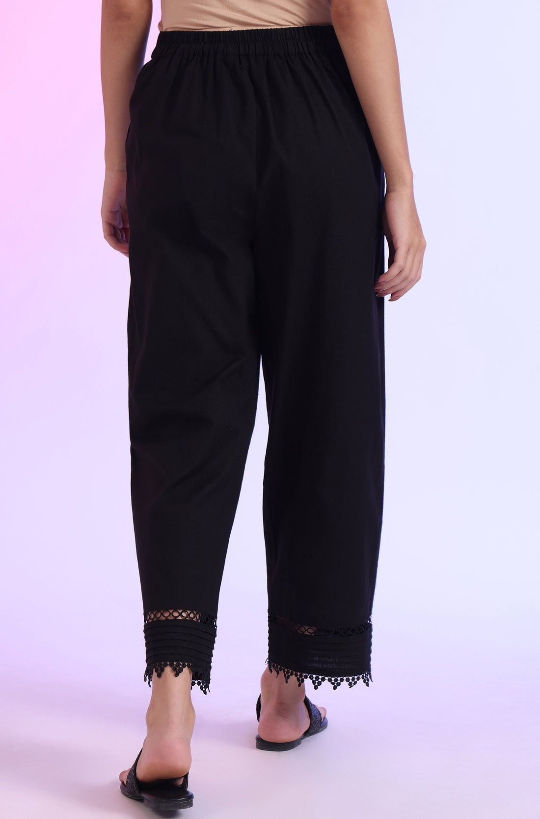 Black Solid Cotton Flaxe Ankle Length Palazzos with Lace