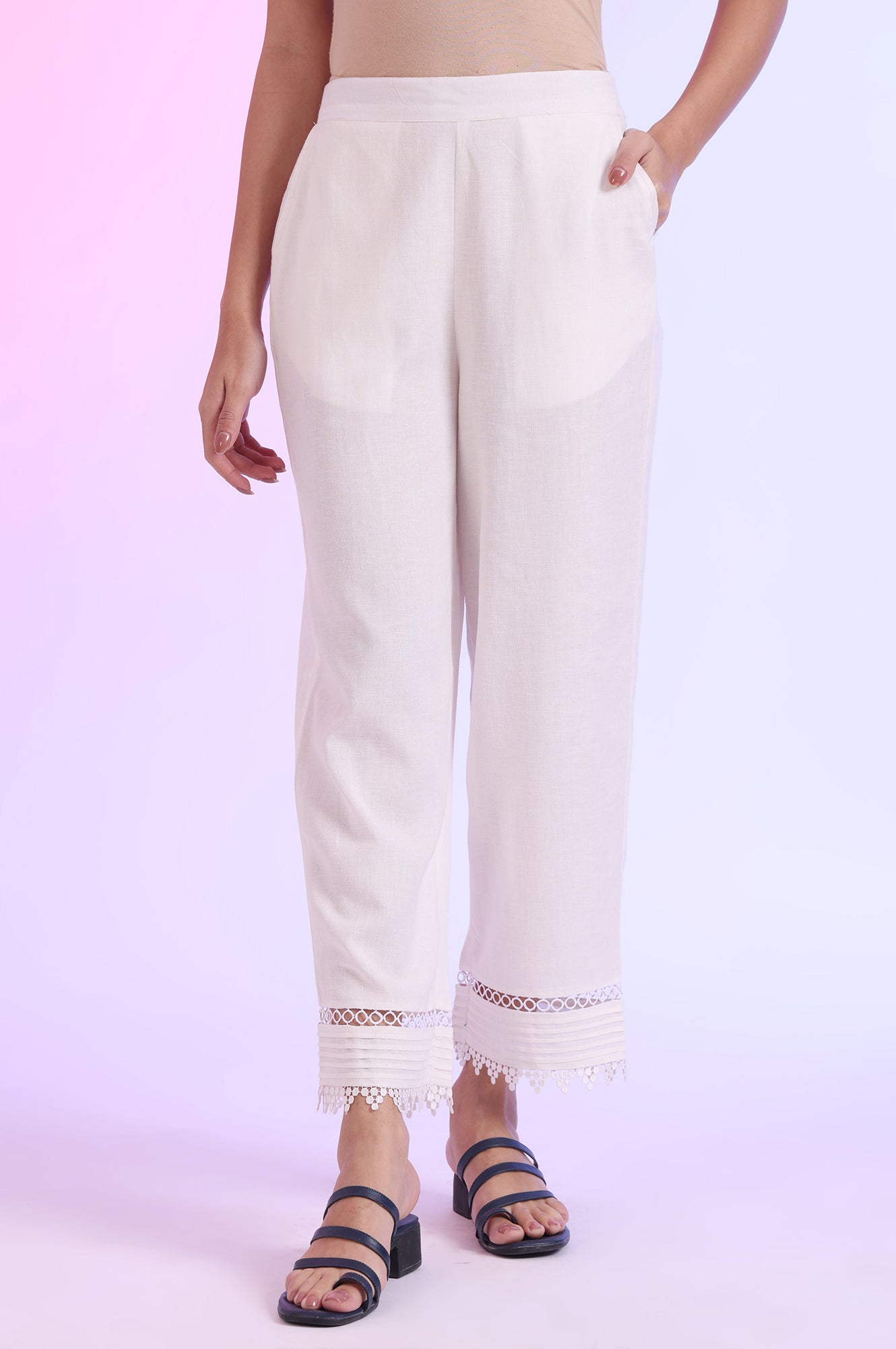 White Solid Straight Cotton Flax Palazzos