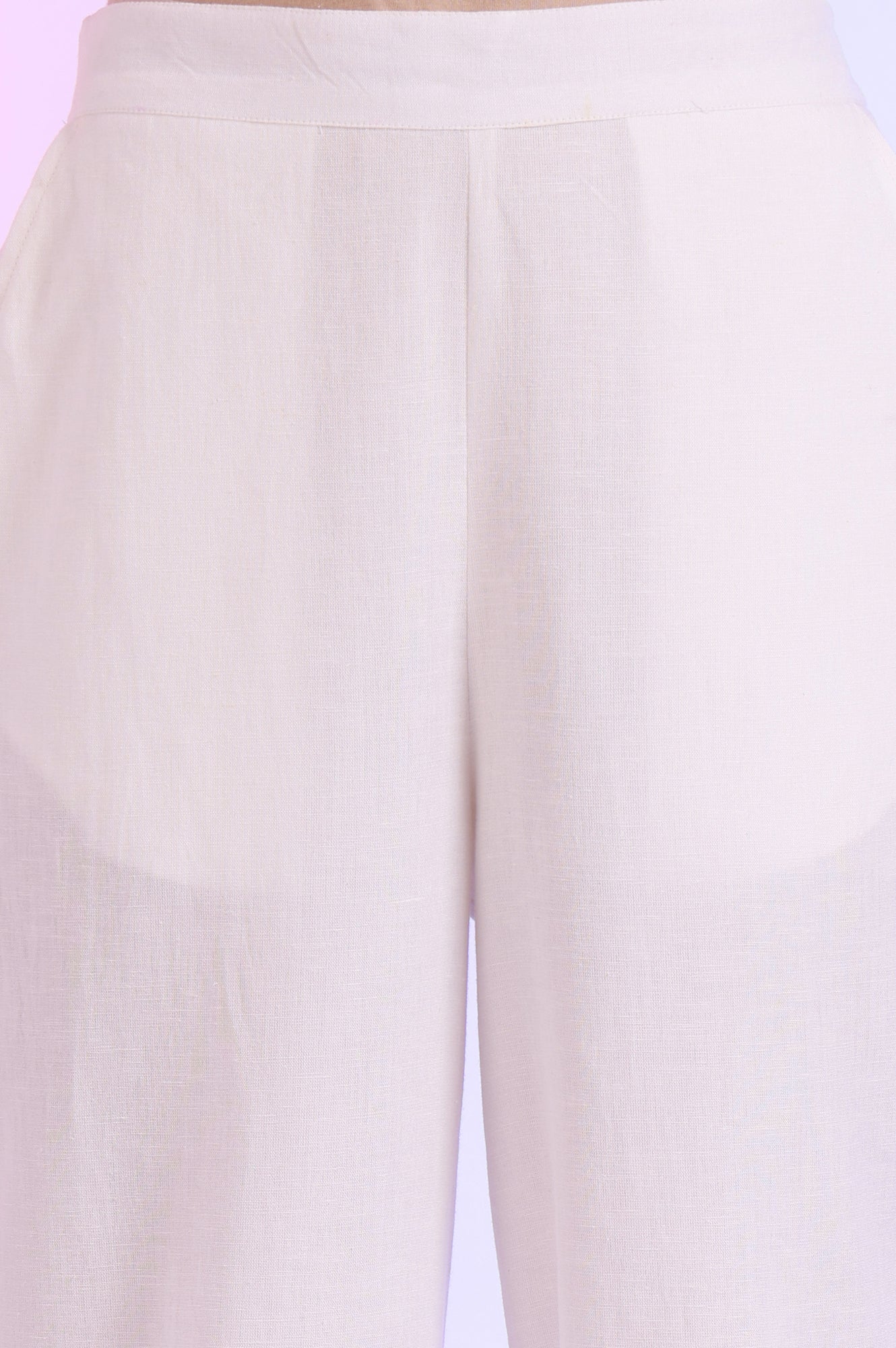 White Solid Straight Cotton Flax Palazzos