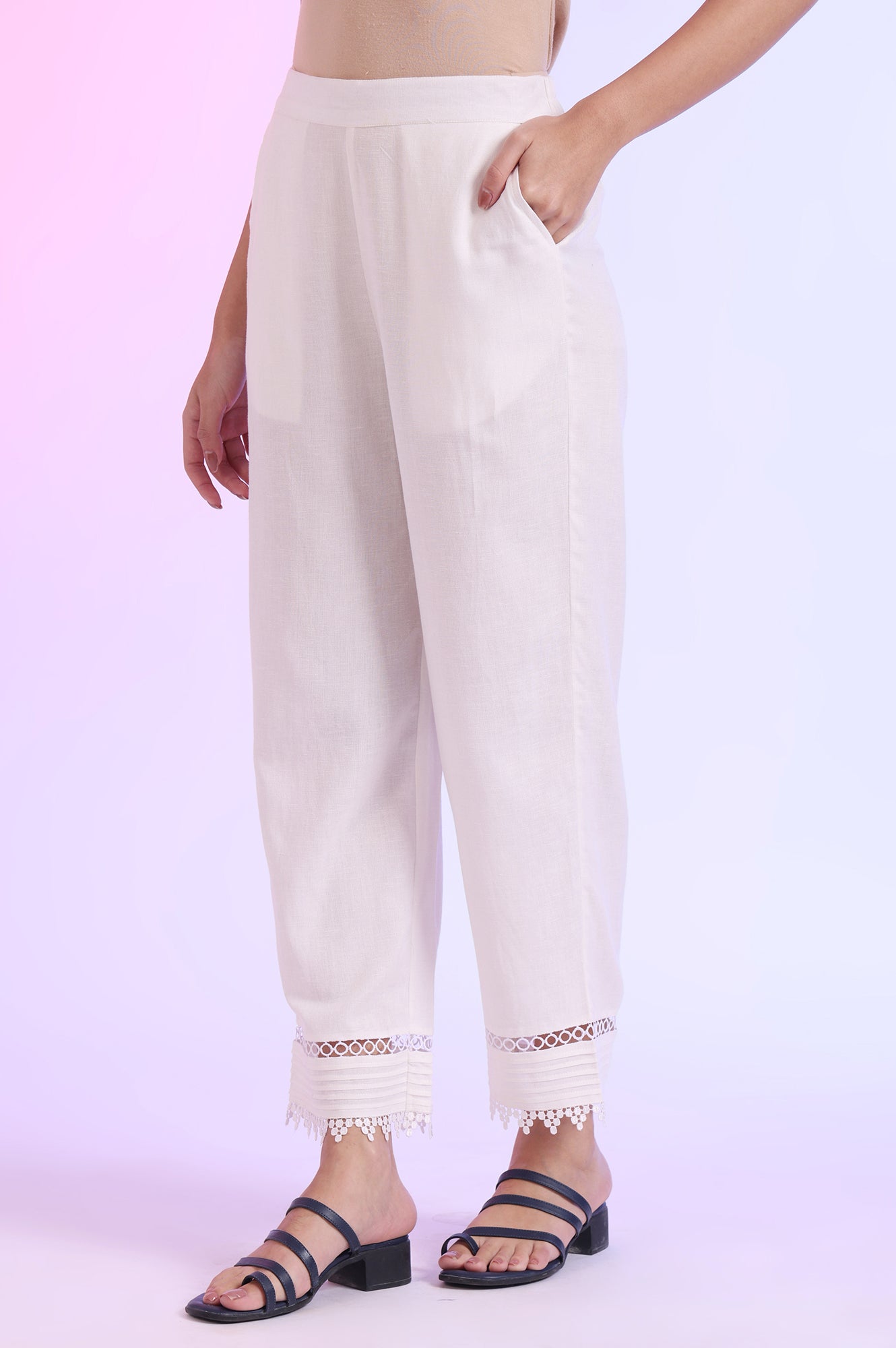 White Solid Straight Cotton Flax Palazzos