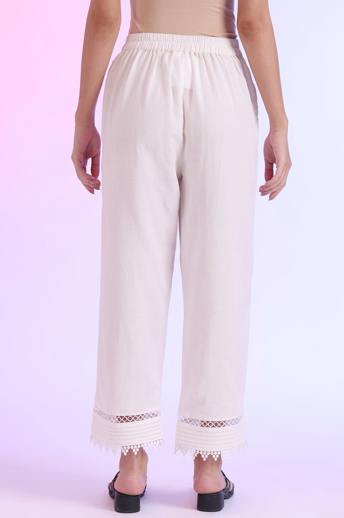 White Solid Straight Cotton Flax Palazzos