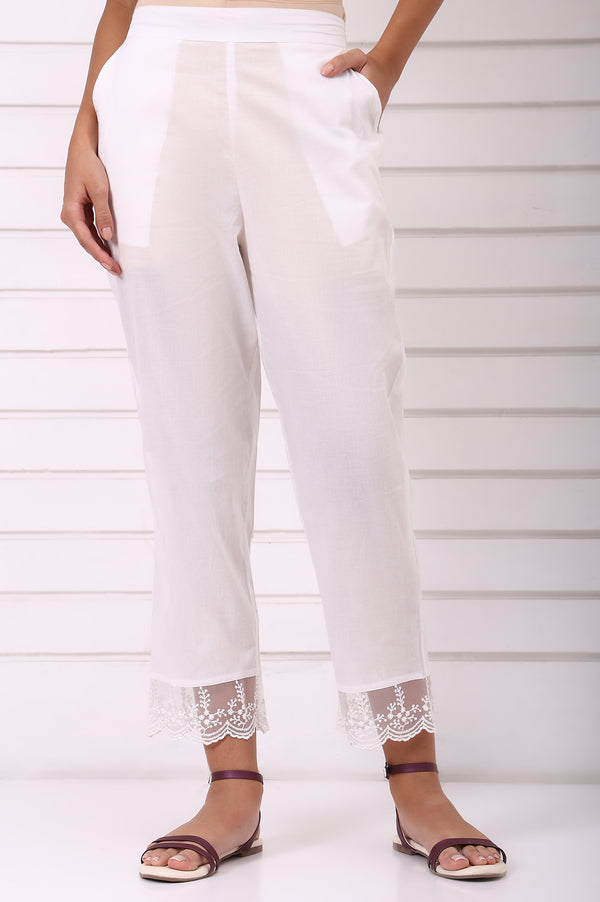 White Solid Pure Cotton Parallel Pant with Lace Hemline