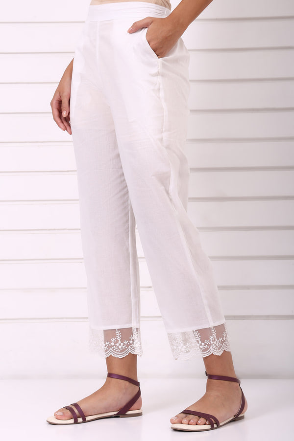 White Solid Pure Cotton Parallel Pant with Lace Hemline