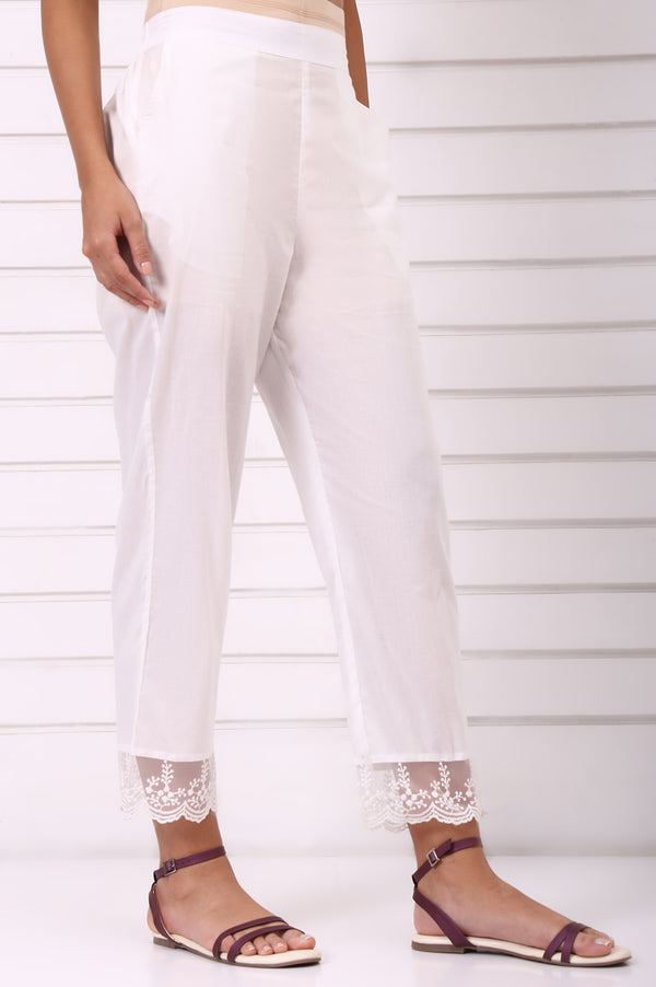 White Solid Pure Cotton Parallel Pant with Lace Hemline