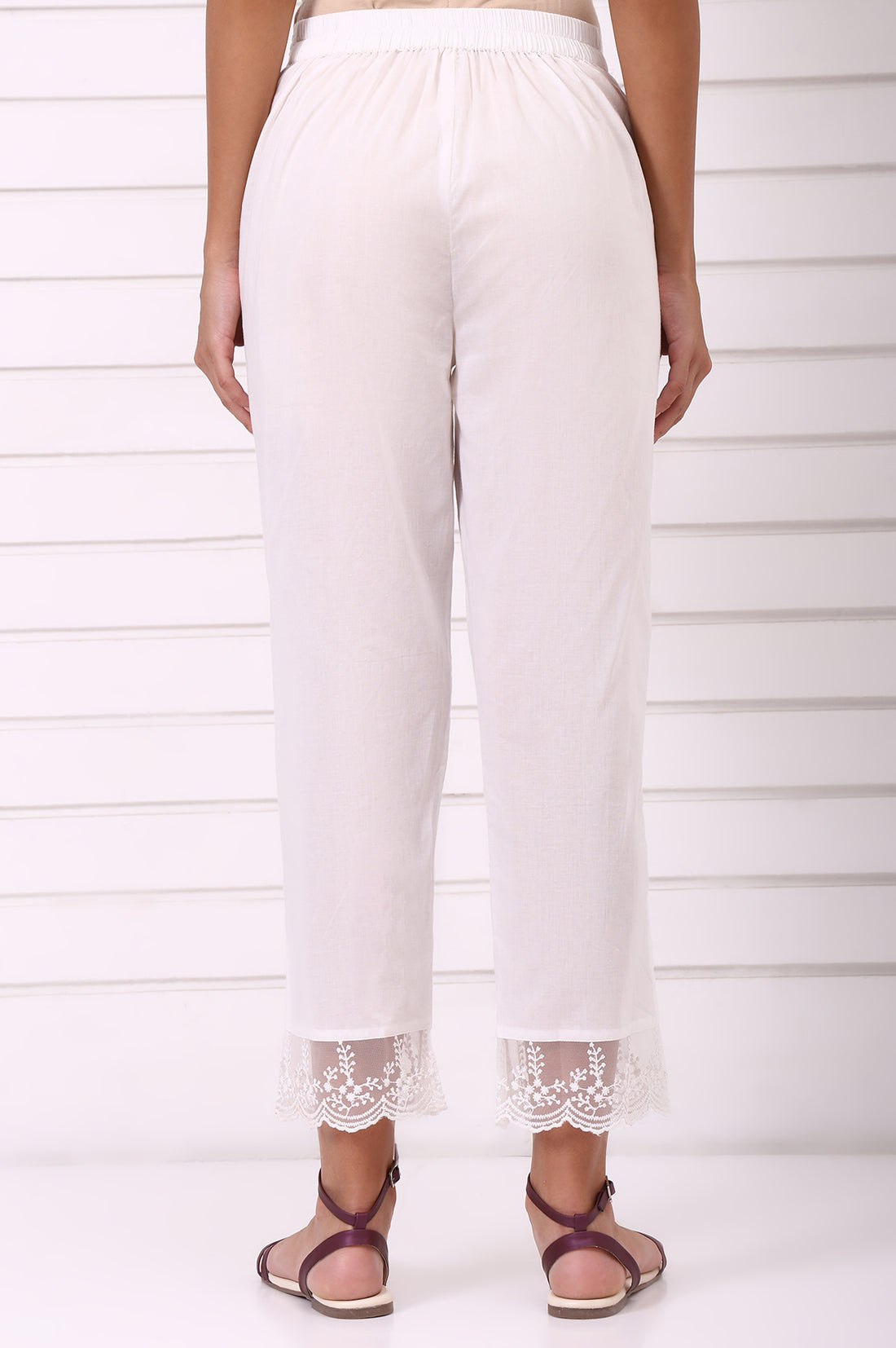 White Solid Pure Cotton Parallel Pant with Lace Hemline
