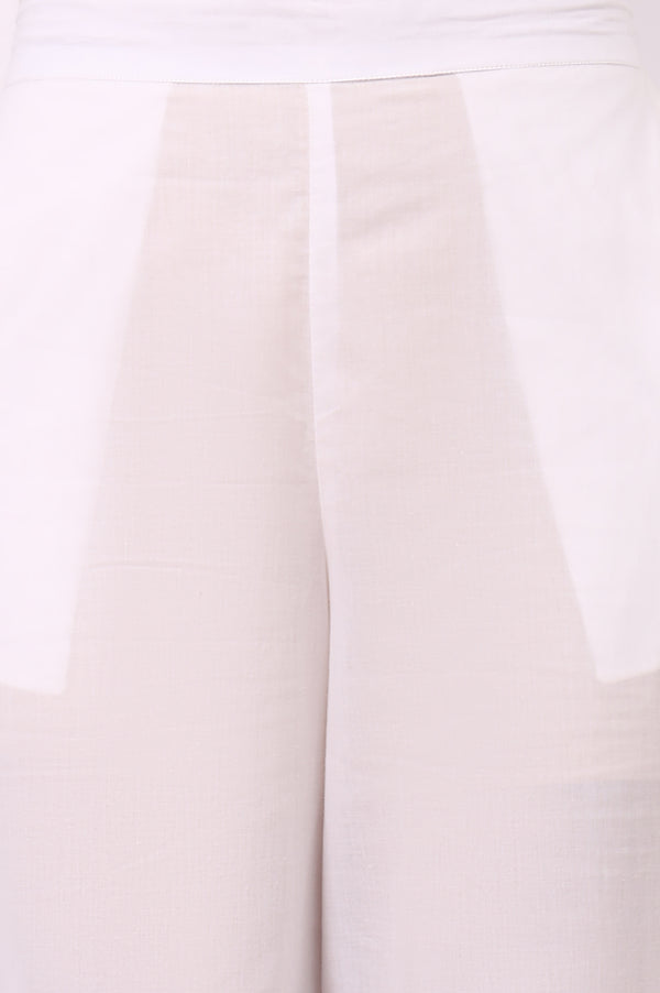 White Solid Pure Cotton Parallel Pant with Lace Hemline