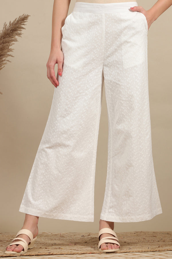 White Schiffli Embroidered Pure Cotton Flared Palazzo Pants