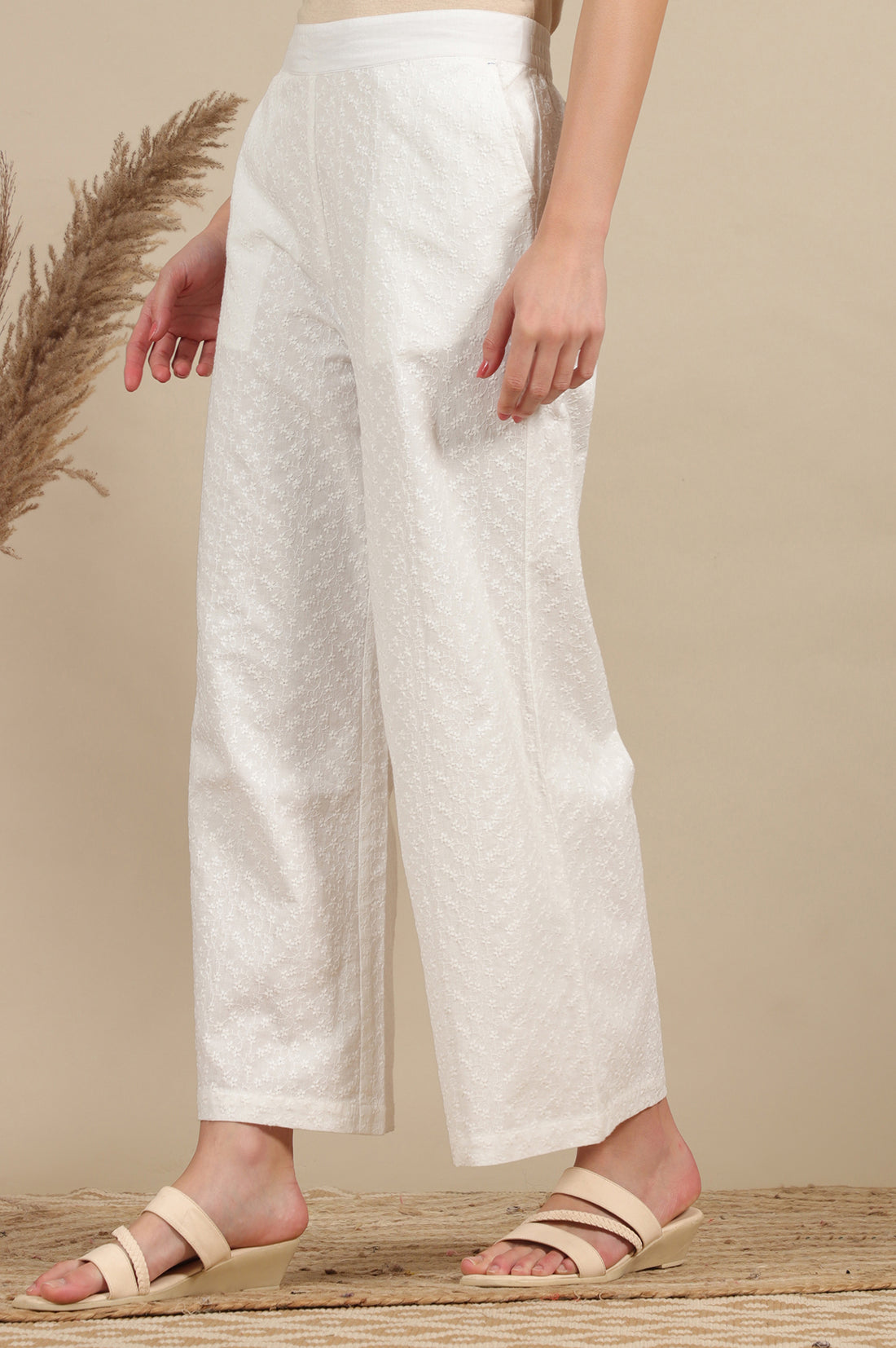 White Schiffli Embroidered Pure Cotton Flared Palazzo Pants