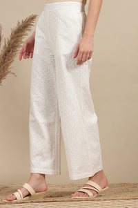 White Schiffli Embroidered Pure Cotton Flared Palazzo Pants