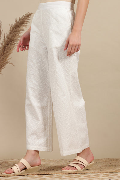 White Schiffli Embroidered Pure Cotton Flared Palazzo Pants