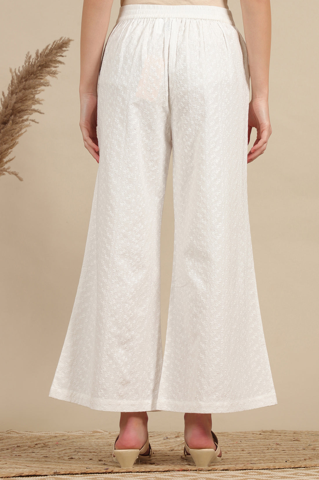 White Schiffli Embroidered Pure Cotton Flared Palazzo Pants
