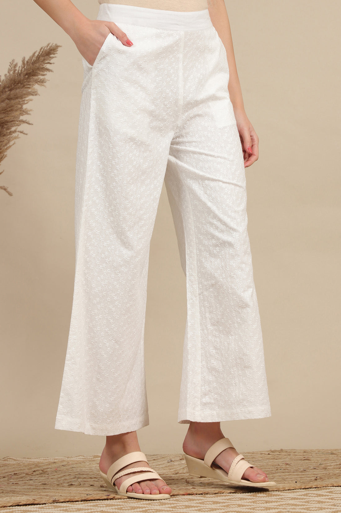 White Schiffli Embroidered Pure Cotton Flared Palazzo Pants