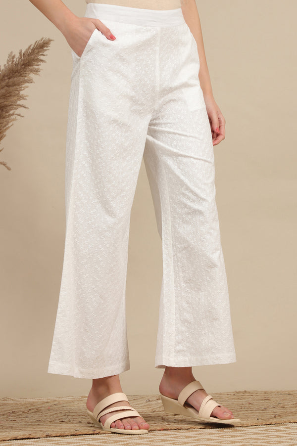 White Schiffli Embroidered Pure Cotton Flared Palazzo Pants