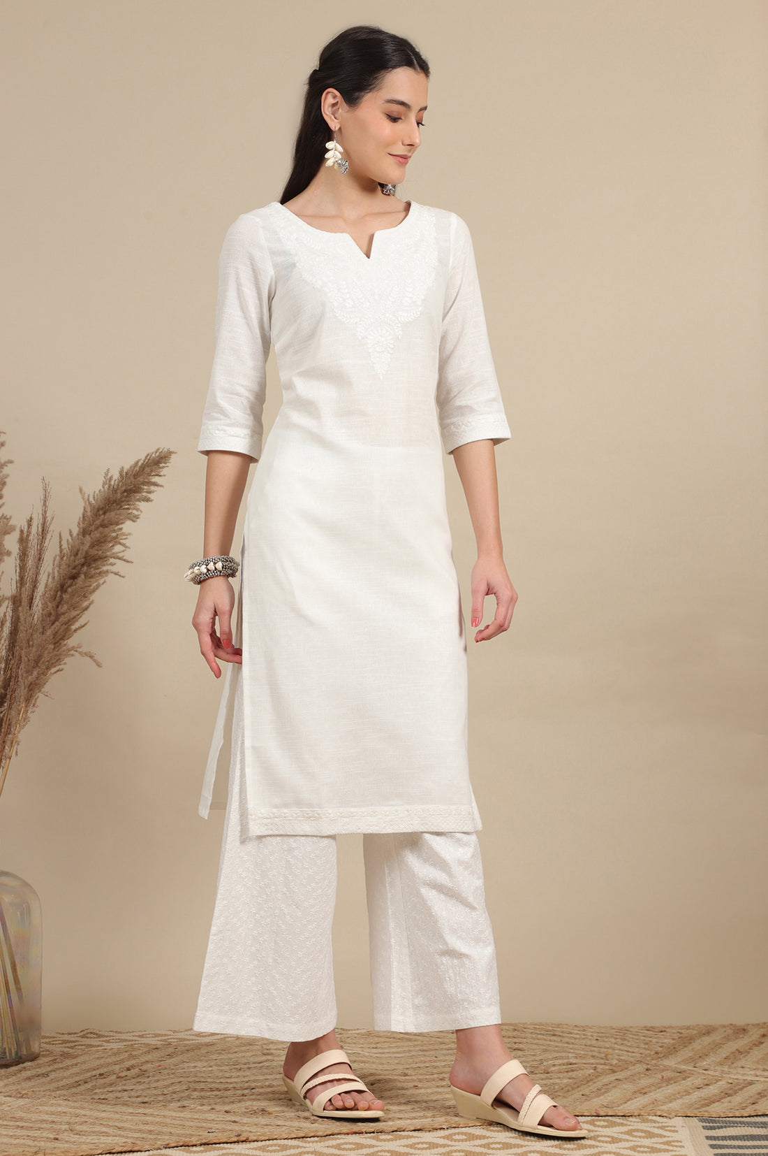 White Schiffli Embroidered Pure Cotton Flared Palazzo Pants