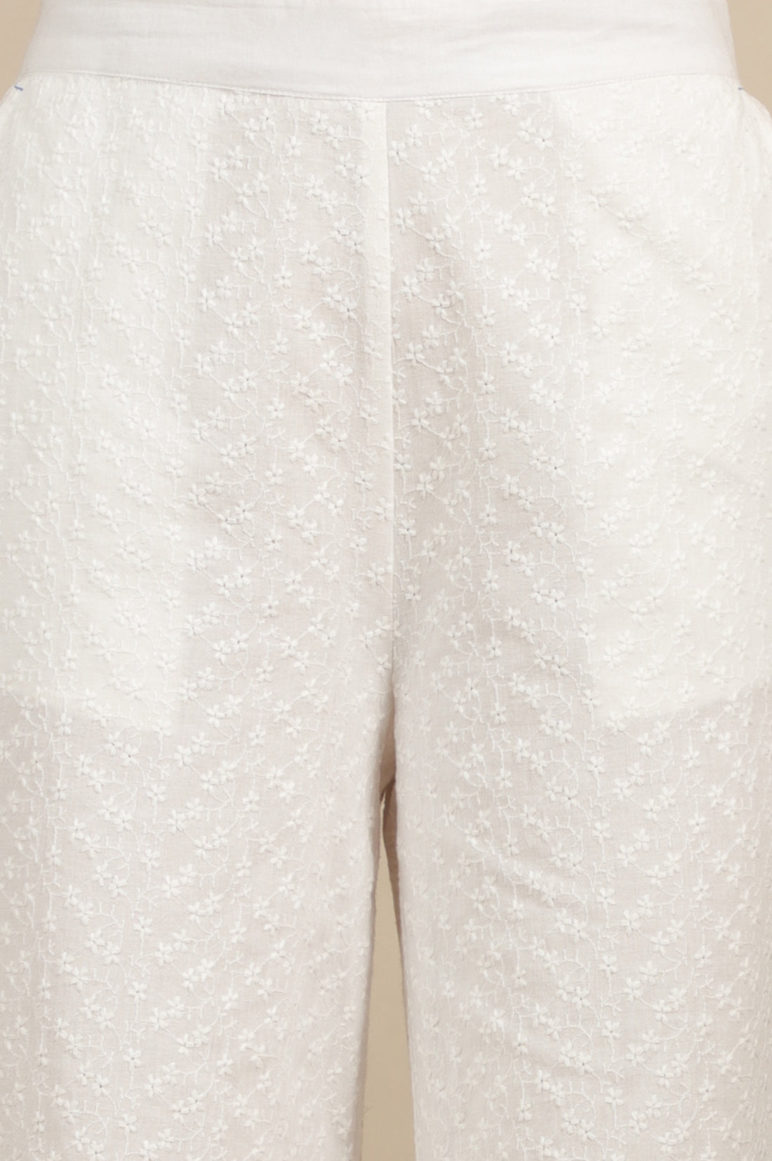 White Schiffli Embroidered Pure Cotton Flared Palazzo Pants