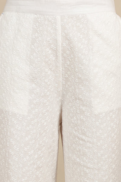 White Schiffli Embroidered Pure Cotton Flared Palazzo Pants
