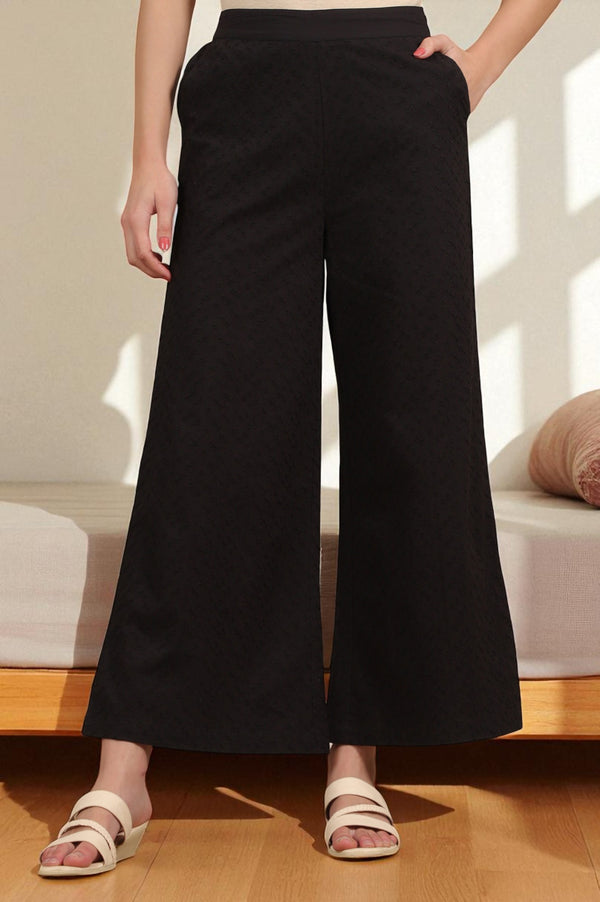 Black Schiffli Embroidered Pure Cotton Flared Palazzo Pants