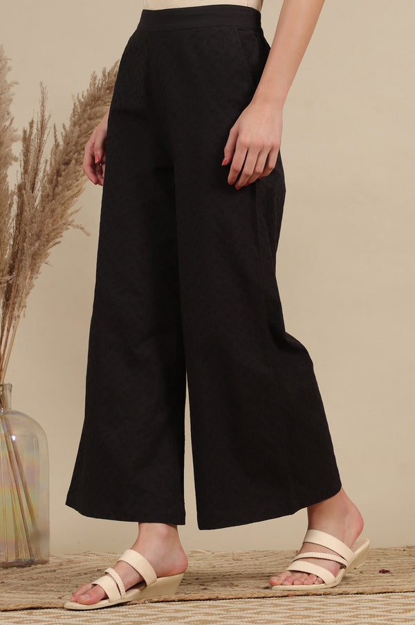 Black Schiffli Embroidered Pure Cotton Flared Palazzo Pants