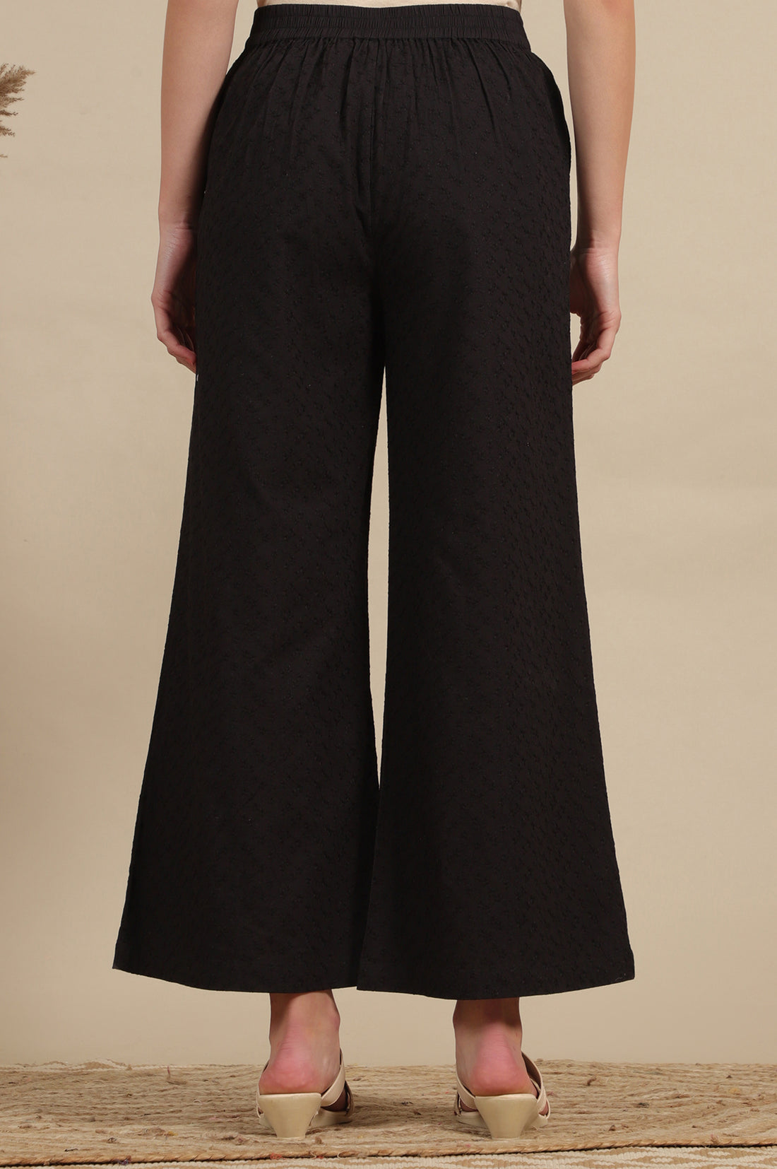 Black Schiffli Embroidered Pure Cotton Flared Palazzo Pants