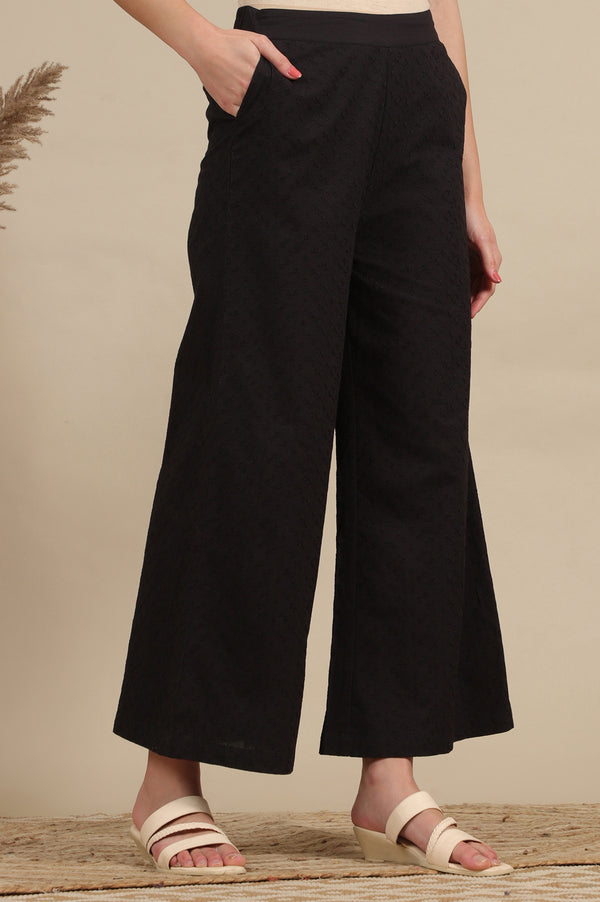 Black Schiffli Embroidered Pure Cotton Flared Palazzo Pants