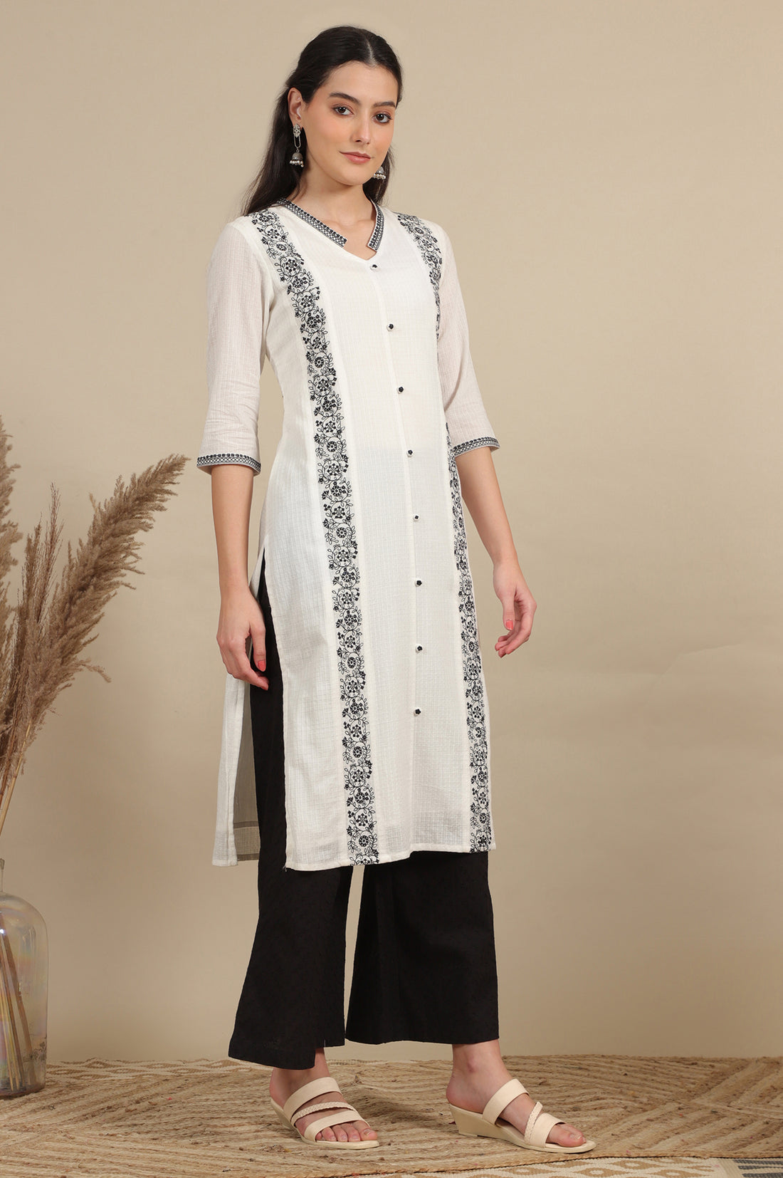 Black Schiffli Embroidered Pure Cotton Flared Palazzo Pants