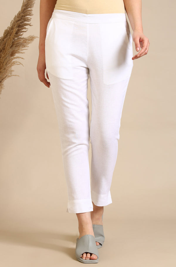 White Solid Cotton Flax Everyday Trousers